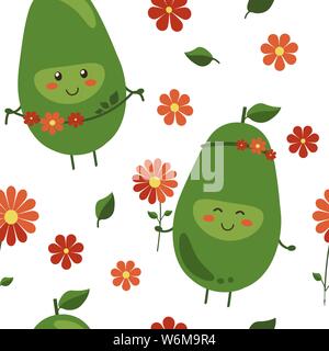 Vector seamless pattern with cartoon smiling green avocado heroes and bright red flowers isolated on white. Positive fruit background for kids. Emoji Stock Vector