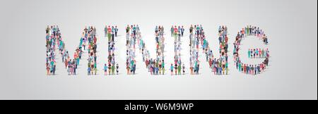 people crowd gathering in shape of mining word different occupation employees mix race workers group standing together social media community concept Stock Vector
