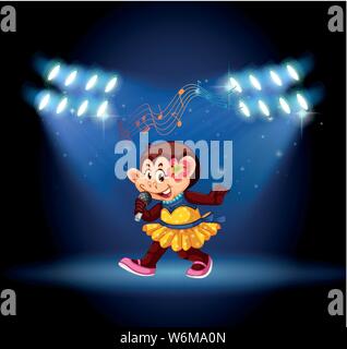 Monkey singing on stage with lights illustration Stock Vector