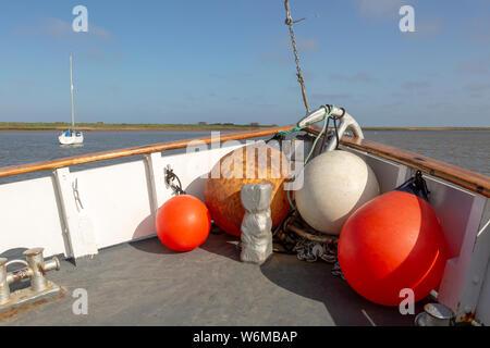 Lady Florence boat trip cruise River Ore, Orford Ness, Suffolk, England buoys in bow Stock Photo