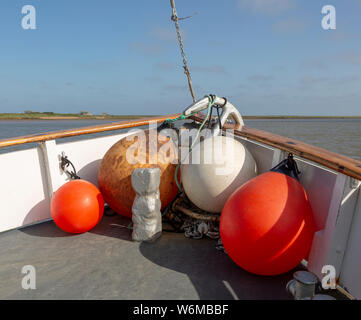 Lady Florence boat trip cruise River Ore, Orford Ness, Suffolk, England buoys in bow Stock Photo