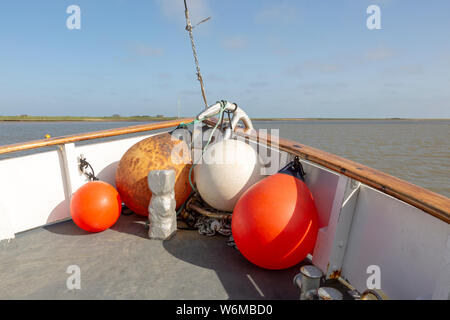 Lady Florence boat trip cruise River Ore, Orford Ness, Suffolk, England buoys in bow Stock Photo