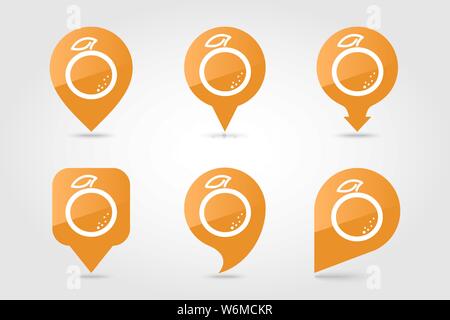 Orange with leaf pin map icon. Orange citrus fruit sign. Map pointer. Map markers. Vector illustration for food apps and websites Stock Vector