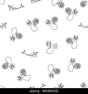 Seamless cat and fishbone Halloween outline, great design for any purposes. Line art design template with black seamless cat and fishbone Halloween ou Stock Vector