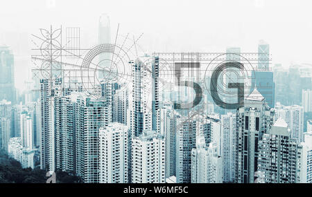 5G wireless network internet mobile concept. Modern urban skyline. Global communication Stock Photo