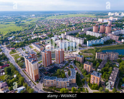 Scenic view from drone of modern cityscape of Russian city of Chekhov Stock Photo