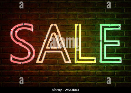 3d illustration: Advertising neon sign with the inscription 'sale' of colored letters on the background of a red brick wall. Stock Photo