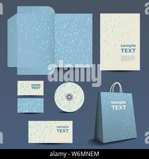 Stationery Template - Business Set with Raindrops Pattern -  Die Cut Design Set: Folder, Envelope, Card, Disk, Shopping Bag - Vector Stock Vector