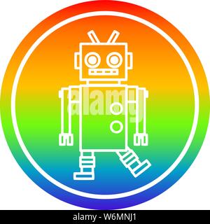 dancing robot circular icon with rainbow gradient finish Stock Vector