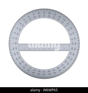 Steel circular protractor with a ruler in metric and imperial units. Stock Vector