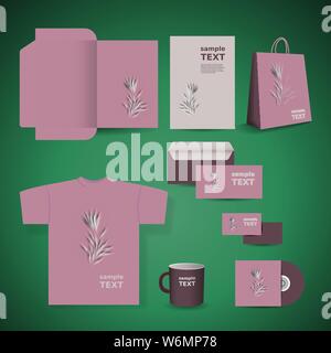 Stationery Template, Corporate Image Design with Abstract Flowers Pattern - Business Set: Folder, Envelope, Business Card, Disk, Notepaper Vector Stock Vector
