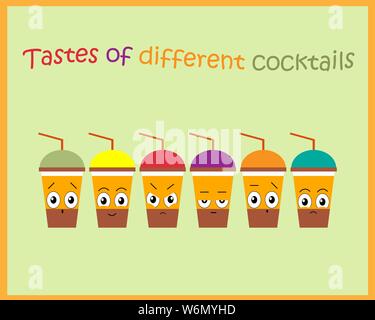 Illustration of a set of cocktails with different flavors. Reaction to different cocktails. Vector illustration in vintage style Stock Vector