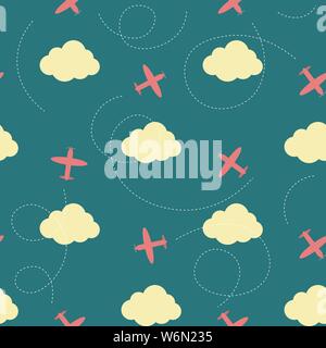 Vector seamless pattern with clouds and planes Stock Vector