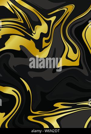 Marble Black and Gold texture. Vector abstract background A4. Fluid art. Liquid mixed paint colors Black, Grey and Gold. Luxury background. Template for poster, card, invitation, cover catalogue Stock Vector