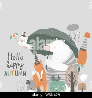 Funny animals under umbrella. Autumn time. Rainy weather Stock Vector