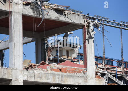 Madrid, Spain. 01st Aug, 2019. A view of Vicente Calderón stadium during its demolition in Madrid.Spanish football club Atletico Madrid made 182 million euros from the sale of three plots of land in the old stadium area. These have been purchased by Azora, CBRE, Vivenio, Renta Corporación and APG. They will be used for the construction of about 400 homes and common areas. Credit: SOPA Images Limited/Alamy Live News Stock Photo