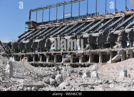 Madrid, Spain. 01st Aug, 2019. A view of Vicente Calderón stadium during its demolition in Madrid.Spanish football club Atletico Madrid made 182 million euros from the sale of three plots of land in the old stadium area. These have been purchased by Azora, CBRE, Vivenio, Renta Corporación and APG. They will be used for the construction of about 400 homes and common areas. Credit: SOPA Images Limited/Alamy Live News Stock Photo