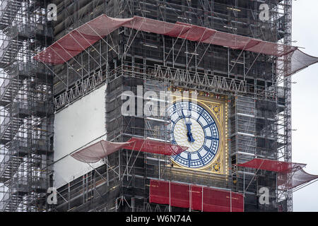 London, UK, July 28, 2019. Big Bens refurbishment. The structure was covered in scaffolding in 2017, ready for the renovations, which are expected to Stock Photo