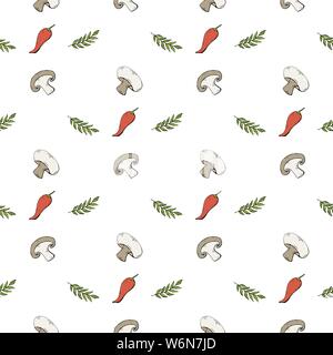 Seamless pattern with mushrooms champignons and green herbs and red papper Stock Vector