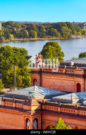 Hamburg, Germany aerial view with Aussenalster or Outer Alster lake and old red brick houses Stock Photo