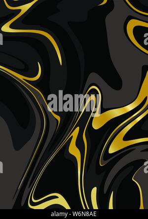 Marble Black and Gold texture. Vector abstract background A4. Fluid art. Liquid mixed paint colors Black, Grey and Gold. Luxury background. Template for poster, card, brochure, invitation, catalogue Stock Vector