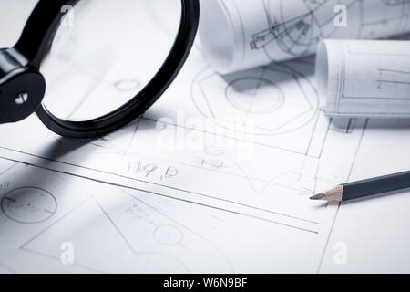 Magnifier for work with small details of the engineering drawing Stock Photo