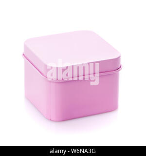 Simple round pink gift box isolated. Side view. Stock Photo