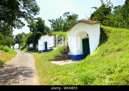 Group of typical wine cellars in Moravia, Czech Republic. Moravia wine region, tourism. Traditional buildings. Tourist attractions. Winemaking, viticulture. Stock Photo