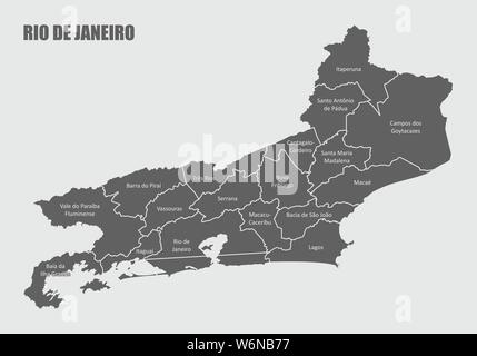 The Rio de Janeiro State map divided into regions with labels Stock Vector