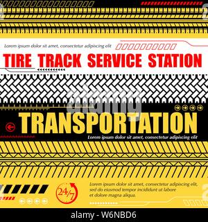 Three color transportation service background with tire tracks Stock Vector