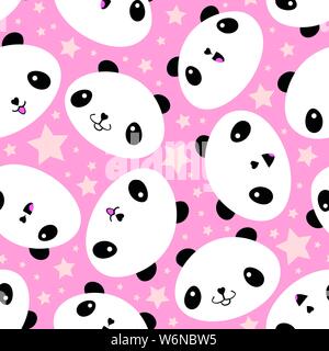 Cute Kawaii style laughing pandas and stars. Seamless vector pattern on soft pink background. Great for children, school, kindergarten, nursery Stock Vector