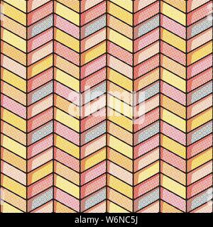 Herringbone halftone seamless background in warm tones. Soft cornered repeating brick pattern with black background. EPS10 vector format. Stock Vector