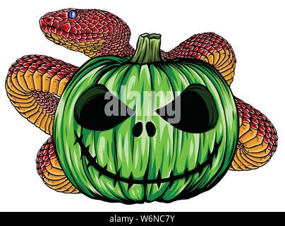 Viper snake. serpent with Halloween pumpkin illustration Stock Vector