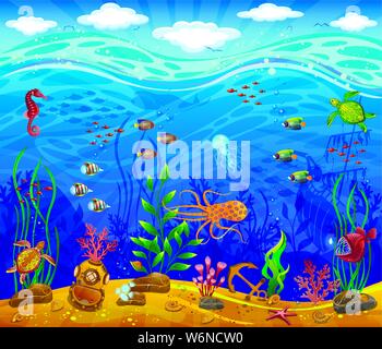 Whale, shells, starfish, fish, bubbles, pebbles and other sea animals ...