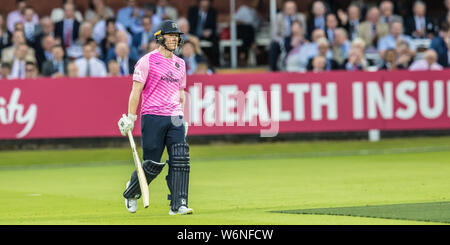 London, UK.1 August, 2019. Eoin Morgan comes in to bat for Middlesex to a rousing reception after captaining England to victory in the recent Cricket World Cup as Middlesex take on Kent Spitfires in the Vitality Blast T20 cricket match at Lords. David Rowe/Alamy Live News Stock Photo