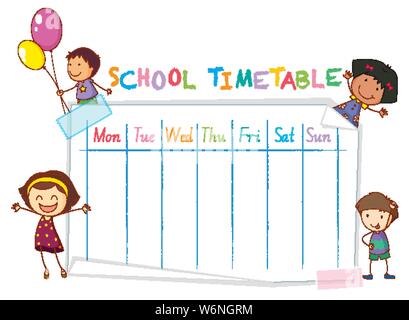 School time table with children illustration Stock Vector