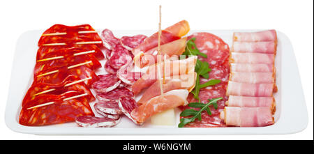 Chorizo, fuet, jamon, salami, bacon, spanish meat antipasto platter. Isolated over white background Stock Photo