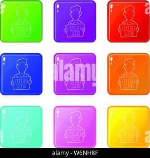 Businessman holding sign board with Hire me icons set 9 color collection Stock Vector