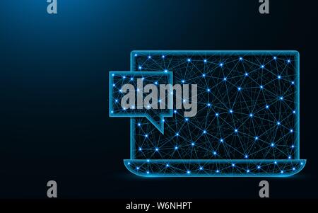 Laptop and one message poly design, chatting in Internet abstract geometric image, chat box and computer wireframe mesh polygonal vector illustration Stock Vector