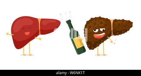 Healthy fun and sick unhealthy ill drunk liver character hold in hand alcohol bottle and cigarette. Human exocrine gland organ destruction concept. Vector hepatic comparison illustration Stock Vector