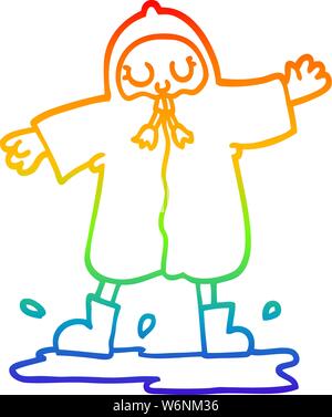rainbow gradient line drawing of a cartoon person splashing in puddle wearing rain coat Stock Vector