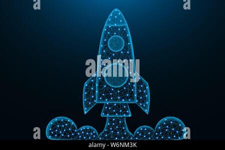 Rocket launch low poly design, Space shuttle flight abstract geometric image, Startup wireframe mesh polygonal vector illustration made from points an Stock Vector