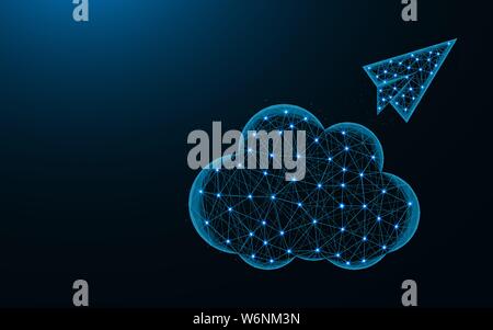 Cloud and paper airplane low poly design, cloud sending abstract geometric image, SEO wireframe mesh polygonal vector illustration made from points an Stock Vector