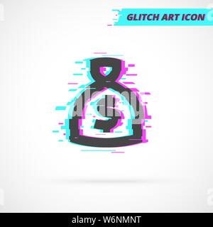 Flat Glitch Money Bag isolated Icon with USA dollar sign. Money sack futuristic vector line sign Stock Vector