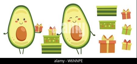 Clip art. Set of smiling avocado characters with colourful gifts for kids. Positive vector elements isolated on white. Icons with presents for holiday Stock Vector