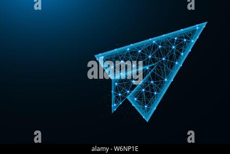 Paper airplane low poly design, flight up abstract geometric image, SEO optimization wireframe mesh polygonal vector illustration made from points and Stock Vector