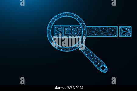 SEO optimization poly design, magnifying glass and search box abstract geometric image, web search wireframe mesh polygonal vector illustration made f Stock Vector