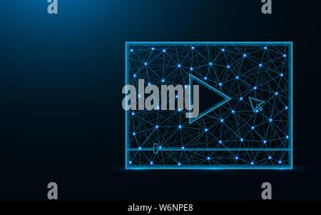 Video player low poly design, play button abstract geometric image, multimedia wireframe mesh polygonal vector illustration made from points and lines Stock Vector