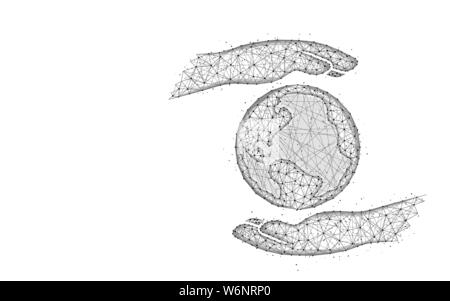 Hands holding planet earth low poly design, Science abstract geometric image, save the earth wireframe mesh polygonal vector illustration made from po Stock Vector