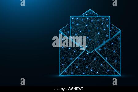 Open mail envelope poly design, mail abstract geometric image, letter wireframe mesh polygonal vector illustration made from points and lines on dark Stock Vector